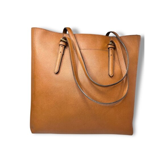 Michael Kors Jet Set Tote Brown Saffiano Leather Adjustable Straps Gold Tone Har - Picture 5 of 9